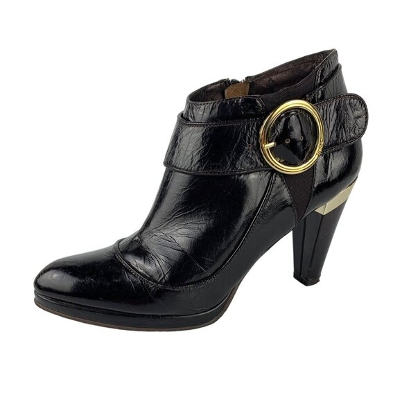 Reba Brown and Gold Leather Heel Booties Size 7.5 - Picture 1 of 11